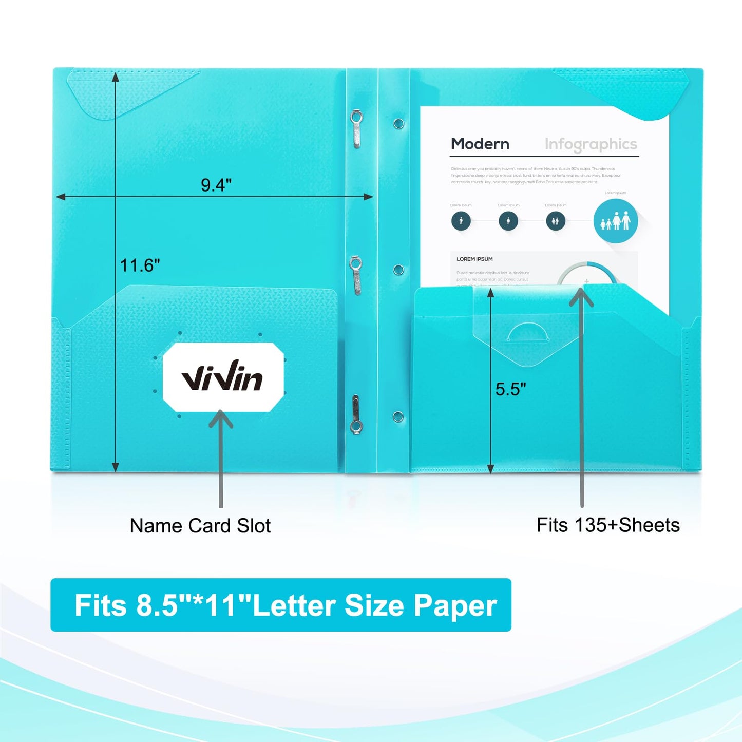ViVin Plastic Folders with 3 Prongs,2 Pack,Heavy Duty 2-Pocket Folders with Fasteners Fits Letter Size Paper,Includes Labels,for School Home