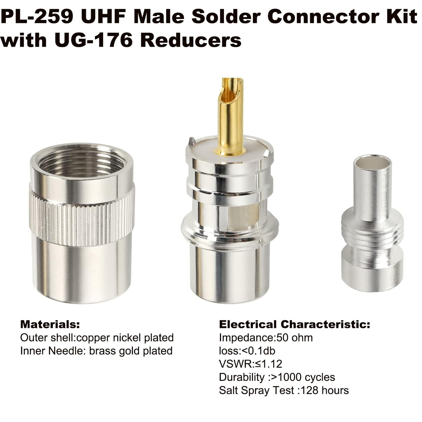 XRDS -RF PL-259 UHF Male Solder Connector Kit with UG-176 Reducers, Nickel Plated RF Coax Connector for RG8, RG213, LMR400, Belden 9913, KMR400, RG8X
