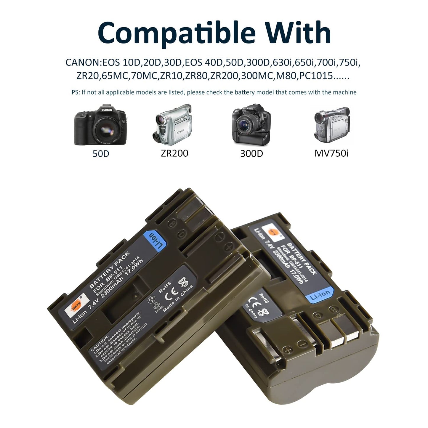 DSTE 2pcs BP-511 BP-511A Battery + DC19 Travel and Car Charger Adapter Compatible with Canon EOS 300D 50D 30D 20D 10D 5D D30 D60 Digital Rebel Kiss