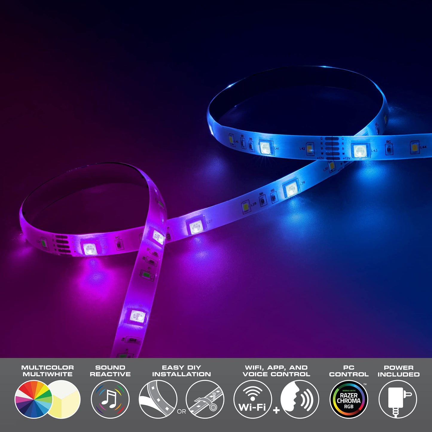XTREME Monster LED 16.4ft Smart Sound Reactive Multi-Color Multi-White Indoor LED Light Strip with Mobile App Control, Easy Assembly