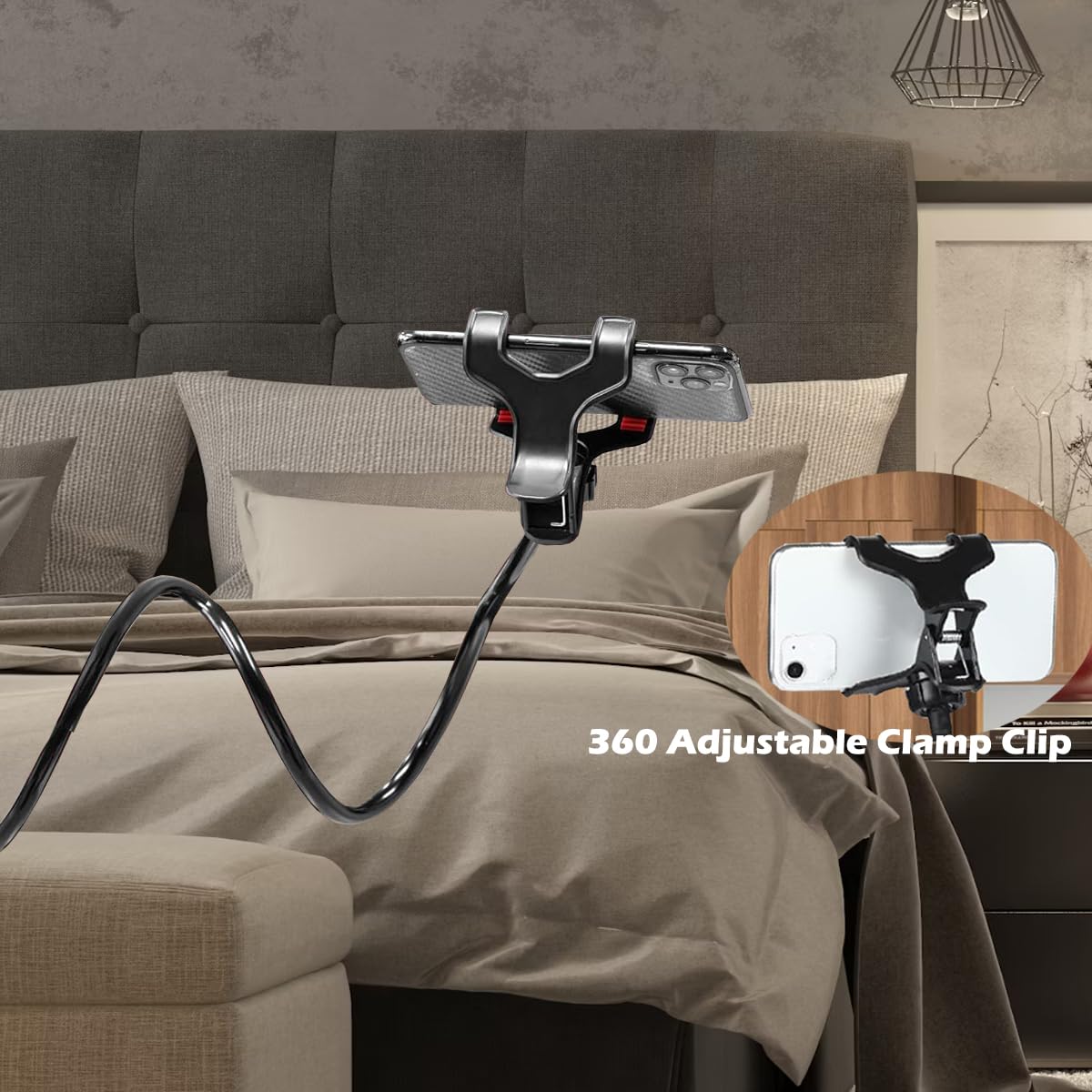 Selfdee Phone Holder for Bed, Gooseneck Clip Adjustable Phone Stand - Universal 360 Flexible Mount for Bedside headboard Lazy Long Arm Clamp Bracket
