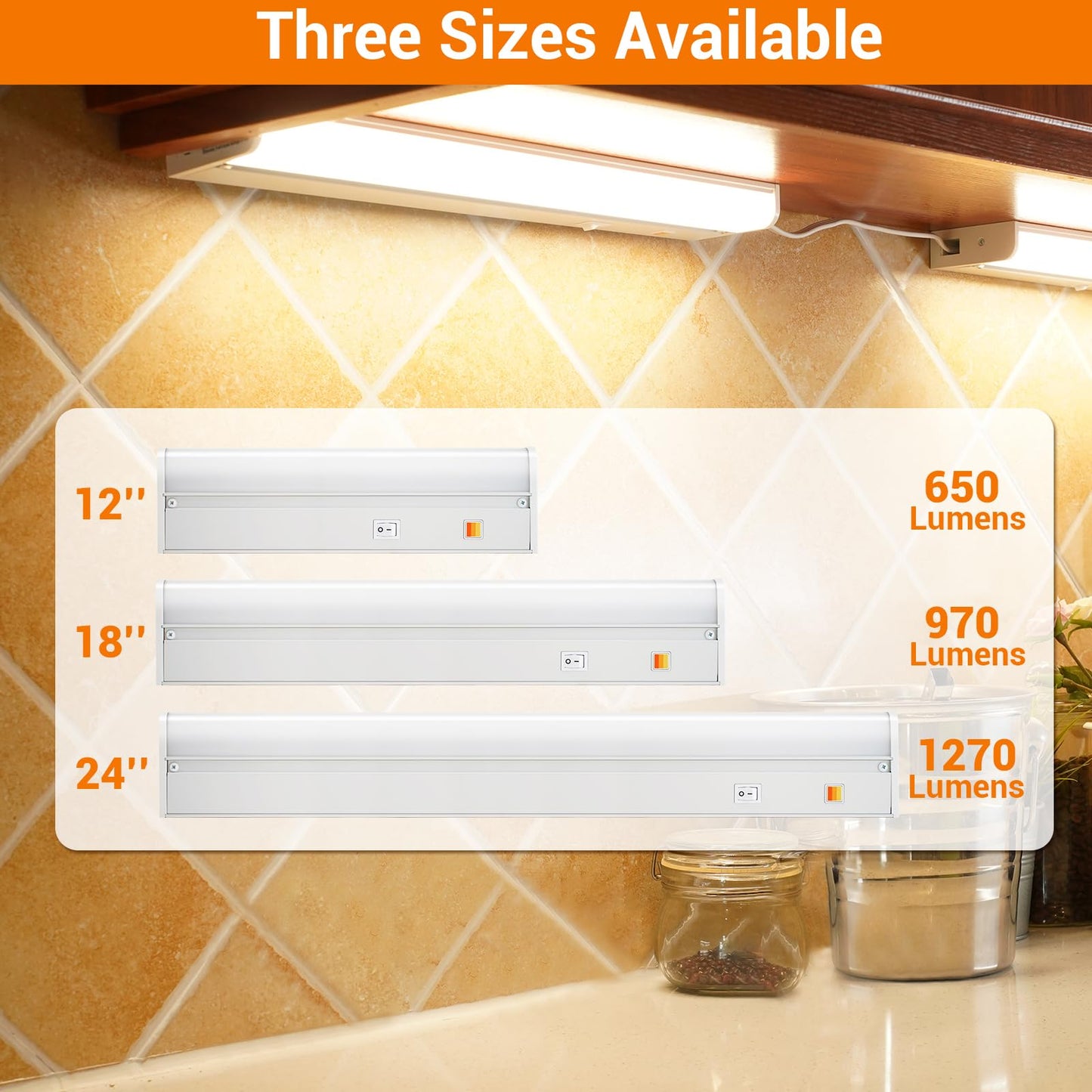 Dawnrise 24" Hardwired Under Cabinet Light,Linkable,1270 Lumens,3 Color Selectable,Brightness Adjustable,Under Counter Lights for Kitchen,Wide