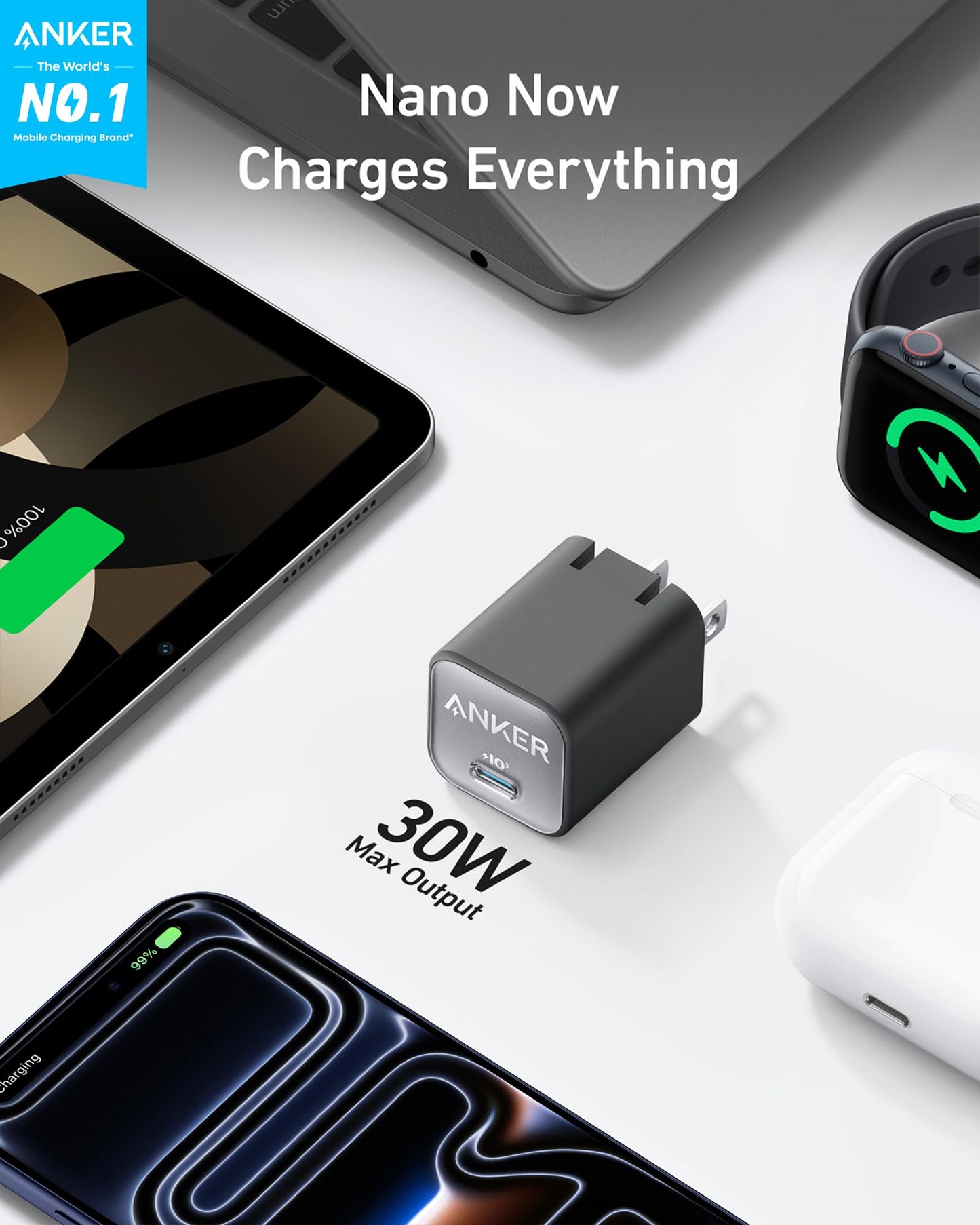 Anker Nano Phone Charger, USB C GaN Charger 30W, PIQ 3.0 Foldable PPS Fast Charger USB C for iPhone 17/16 and More Series, Galaxy, iPad, Compatible