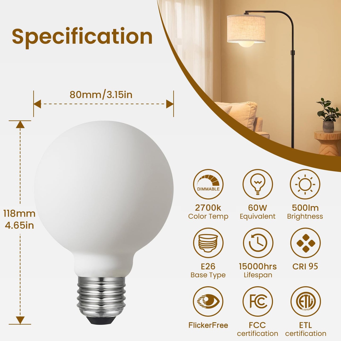 Liii&ARTMAN LED Light Bulb G25/G80 Dimmable Flick-Free Matt Porcelain White 120V 6W 2700K CRI95 High Color Accuracy Light Globe, 550LM, 55W Equivalent