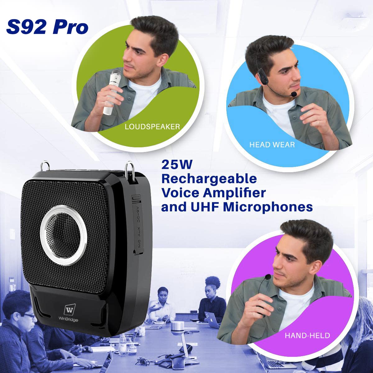 W WINBRIDGE S92 Pro Portable PA System -25W Bluetooth Speaker with Dual Wireless Microphones, Wireless Voice Amplifier with Headset Mic and Handheld
