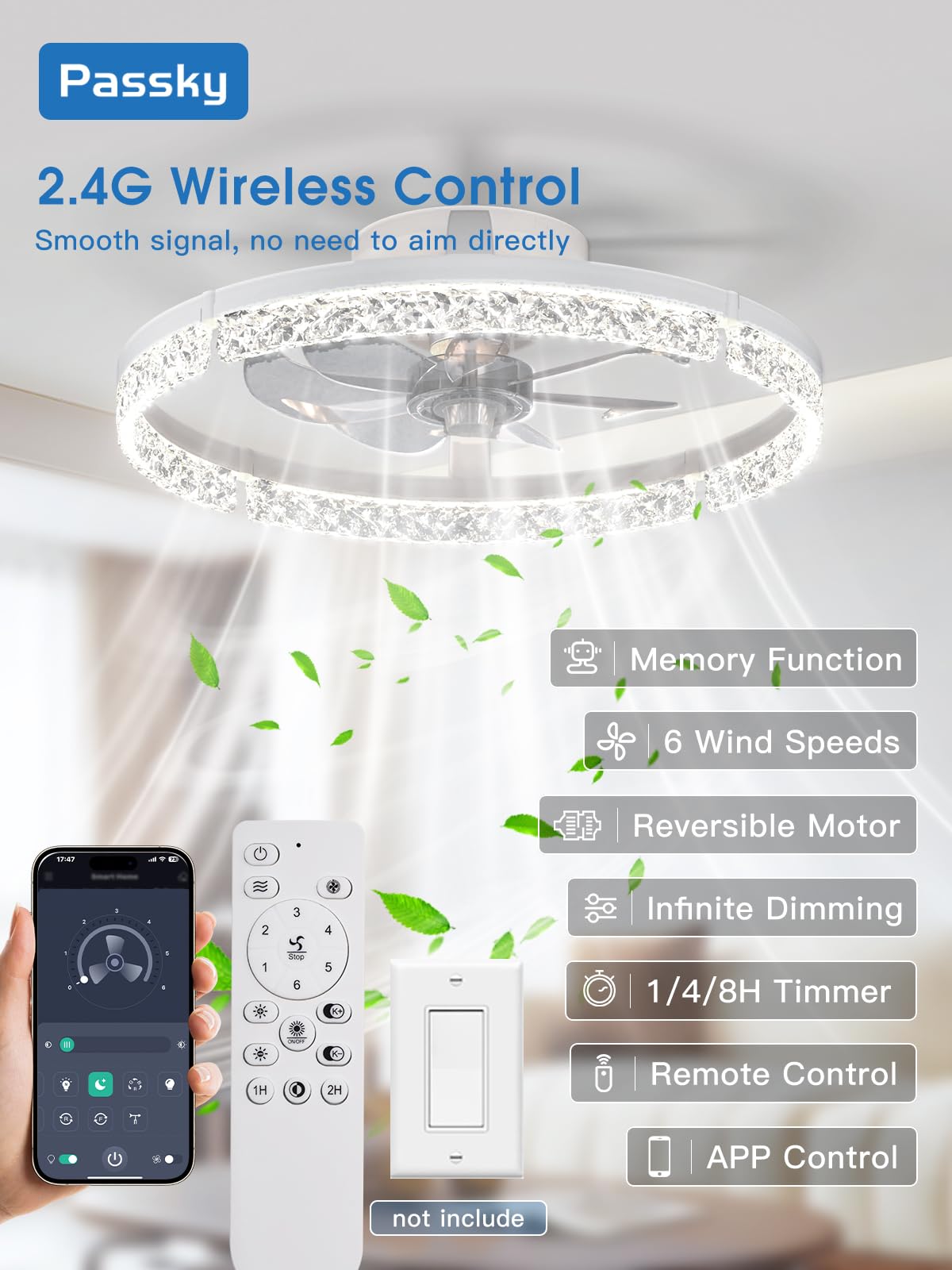 Passky 20” Low Profile Ceiling Fan with Lights and Remote, Dimmable LED Flush Mount Fandelier, 6 Speeds, 3000K-6000K, White Modern Ceiling Fan