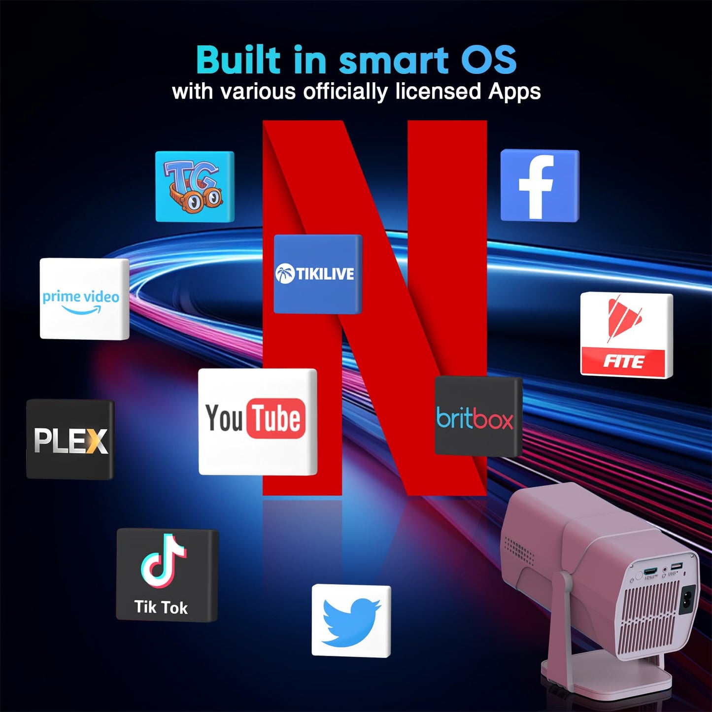 Projector with WiFi and Bluetooth, Smart TV OS with Officially Apps, 270° Rotatable Ceiling Projector, 1080P, Auto Keystone, Zoom, Mini, Outdoor Movie