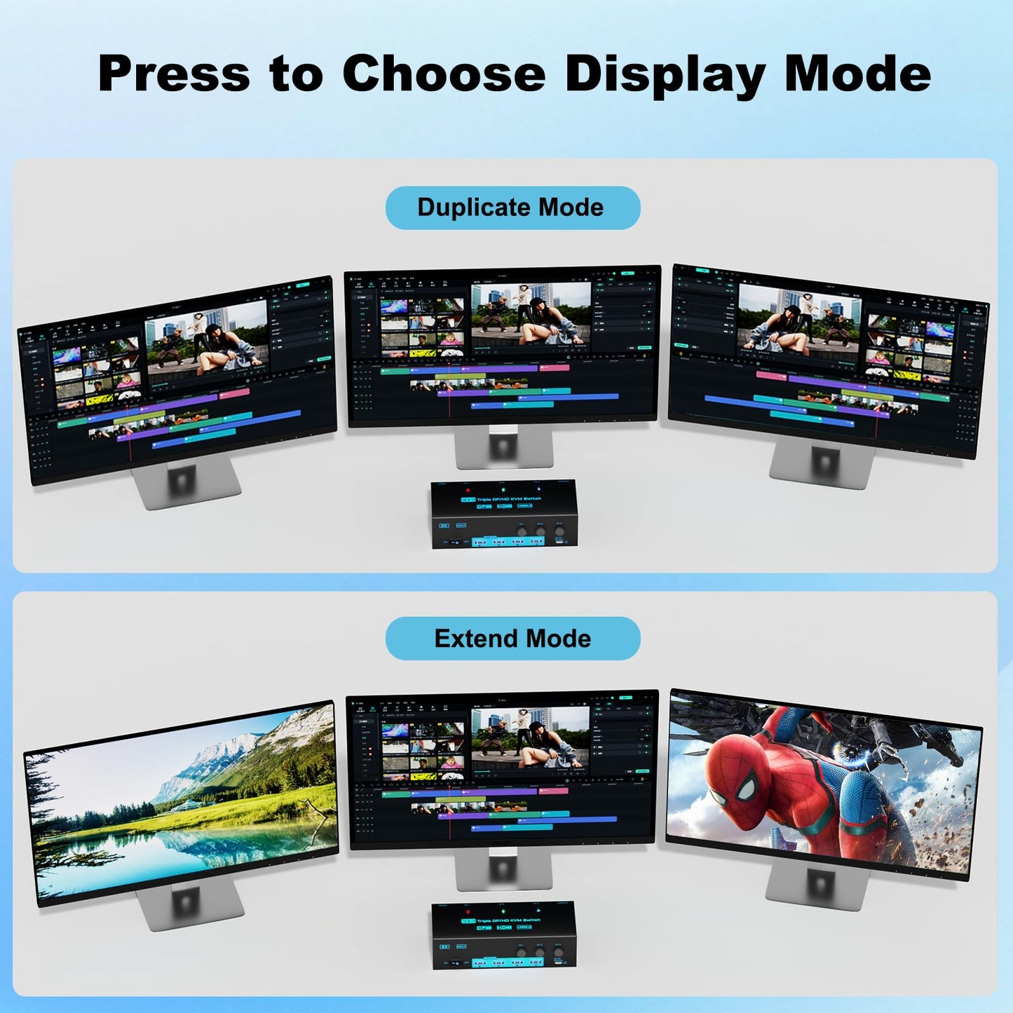 8K/4K KVM Switch 3 Monitors 3 Computers Triple Monitor 3 Port 2 Displayport 1.4 and HDMI 2.1 USB 3.0 KVM Switches, DP 1.4 Supports 8K@30Hz/4K@144Hz