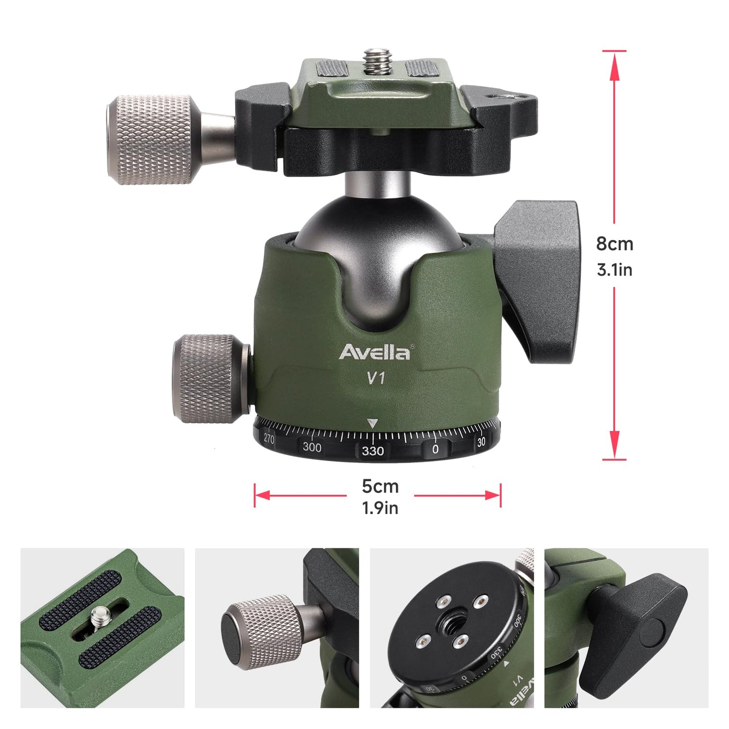 Avella V1 DSLR Camera Tripod Ball Head 38MM, 360 Degree Swivel,U-Shaped Groove Design, for Canon Nikon Sony Olympus Panasonic DSLR Camera-Green