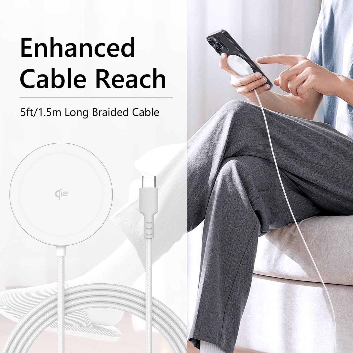 Trendy Wireless Charger for MagSafe Charger, Qi2 Certified 15W Fast Charging Pad, Strong Magnetic Charger with 1.5m Braided Cable, for iPhone 16/15/14