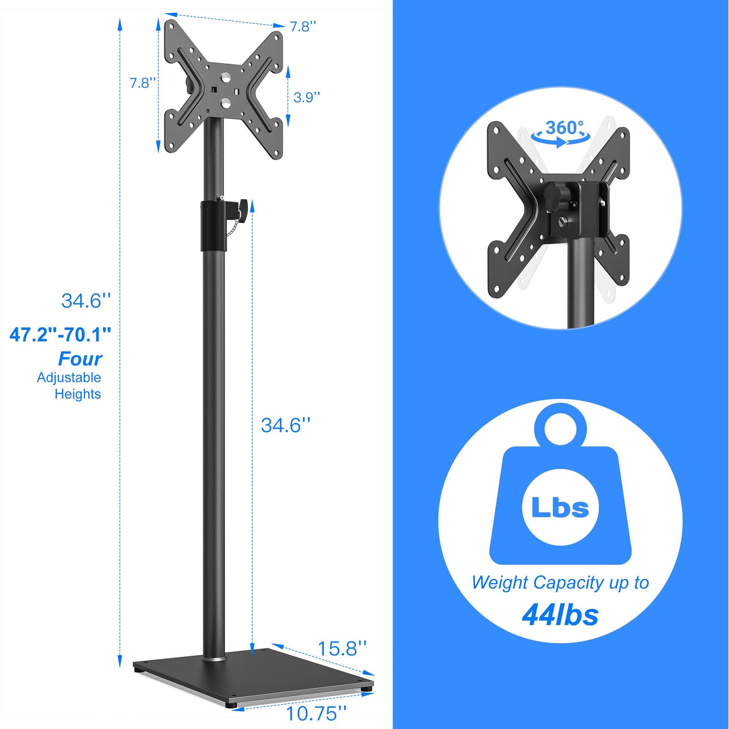 TV Stand with Mount 70” Height Adjustable Floor Monitor Stand 360°Swivel Universal Tiltable Tall TV Floor Stand for 12 to 43 inch Flat Screen Bedroom