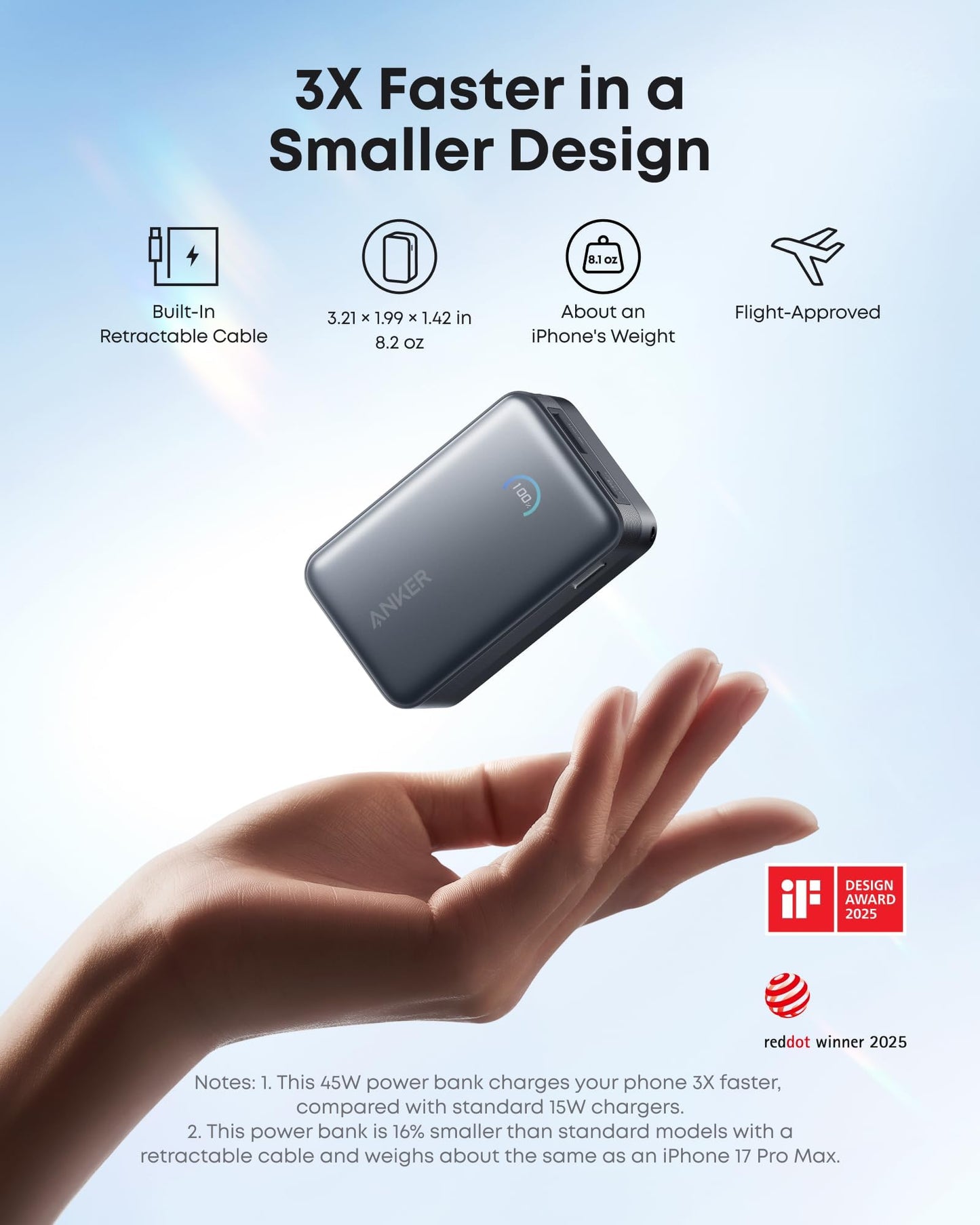 Anker Nano Portable Charger, 45W 10000mAh with 2.3 ft Retractable Cable, Compact Power Bank, Travel Essential Phone Battery Pack for iPhone 17/16
