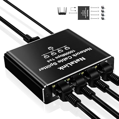 NataLink Ethernet Splitter 1 to 4 Network Cable Splitter 1000Mbps High Speed RJ45 Internet Splitter Adapter with USB Power Cable for Cat 5/5e/6/7/8