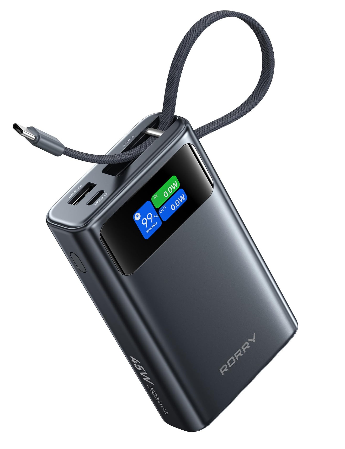 RORRY 45W Portable Charger, 20000mAh Power Bank Fast Charging with Extended Built-in USB C Cable, Travel Battery Pack for iPhone 17/16/15, Samsung