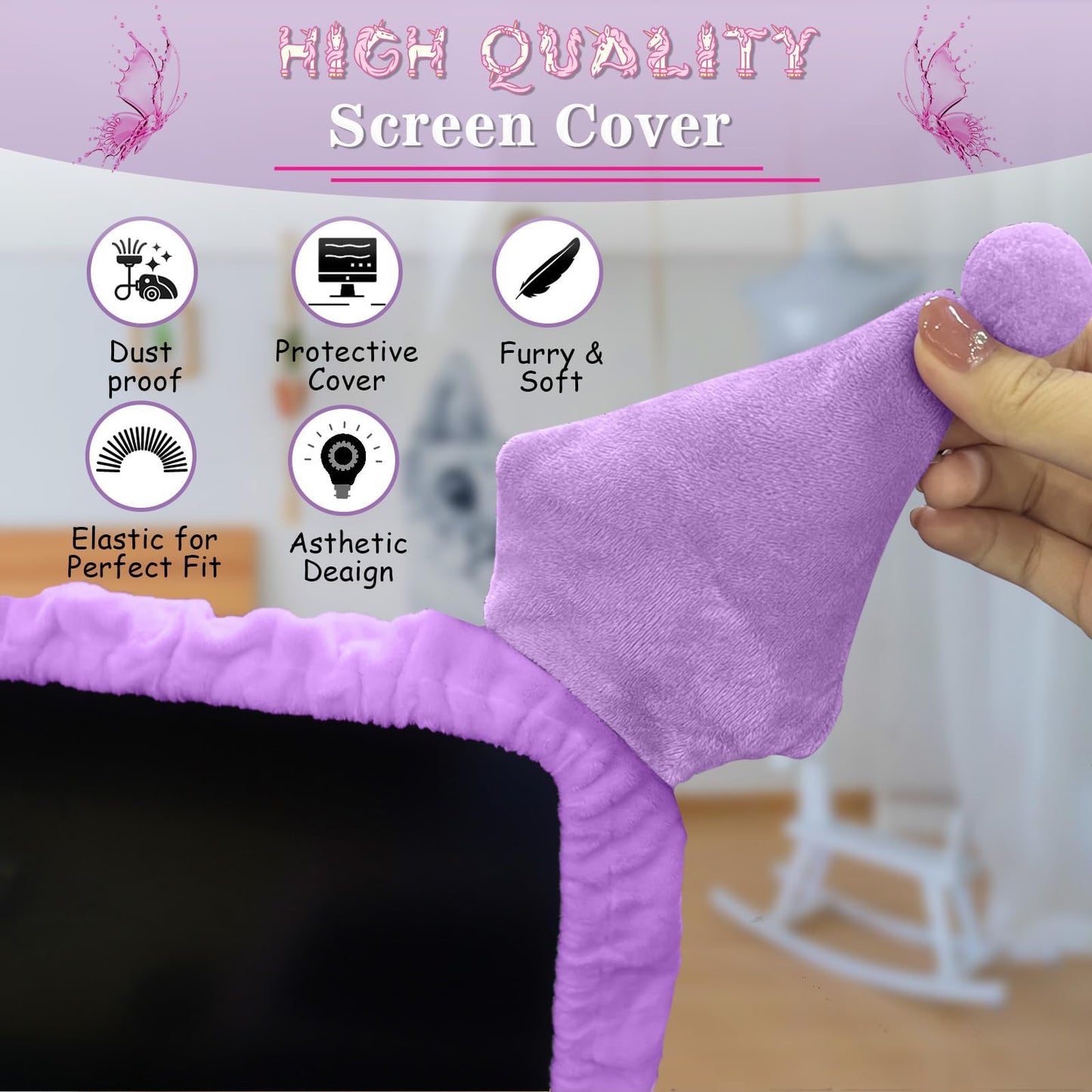 Kakurookie 23'' - 34'' Computer Monitor Protective Cover with Cat Ear Design, Cute Monitor Dust Cover with Furry Design, Elastic Dustproof, Suitable
