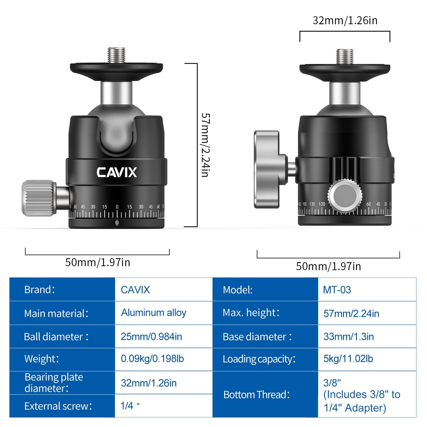 CAVIX MT-03 Camera Panoramic Tripod Head Small Ball Head with Arca Swiss Quick Release Plate Bubble Level Load Capacity 11 lbs/5 kg,