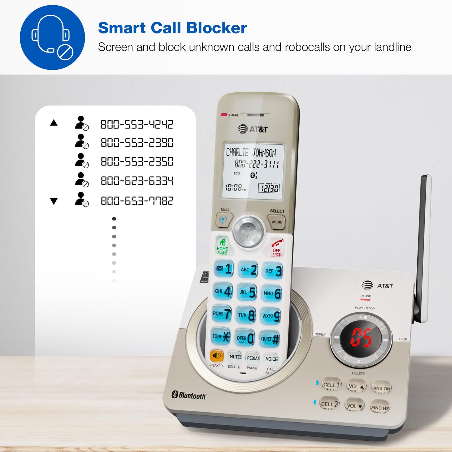 AT&T 4-Handset DECT 6.0 Expandable Cordless Home Phone with Large Display, Big Buttons, Answering Machine, Smart Call Blocker, Bluetooth Connect