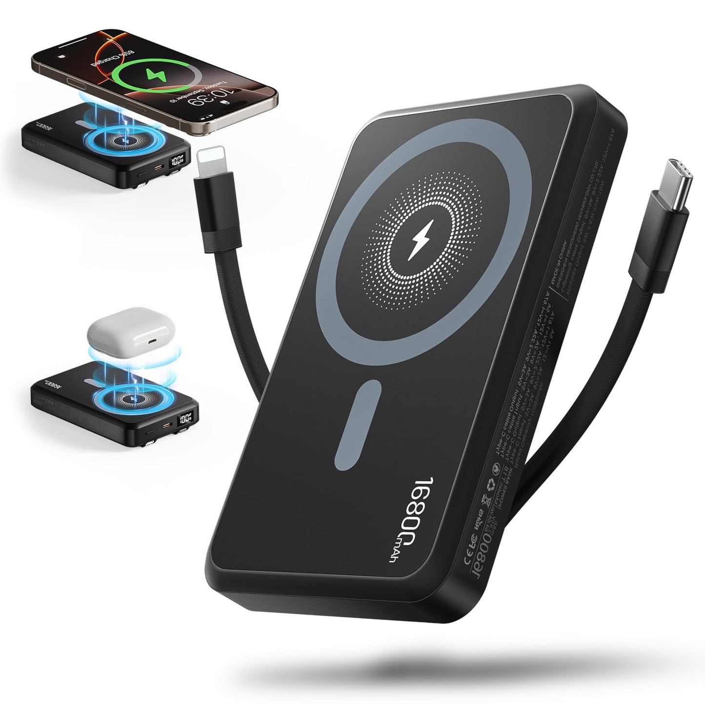 Tryetas 2026 Magnetic Wireless Power Bank, 16800mAh Portable Charger with 2 Built in Cables, LED Display Magnetic Battery Pack Travel Essentials