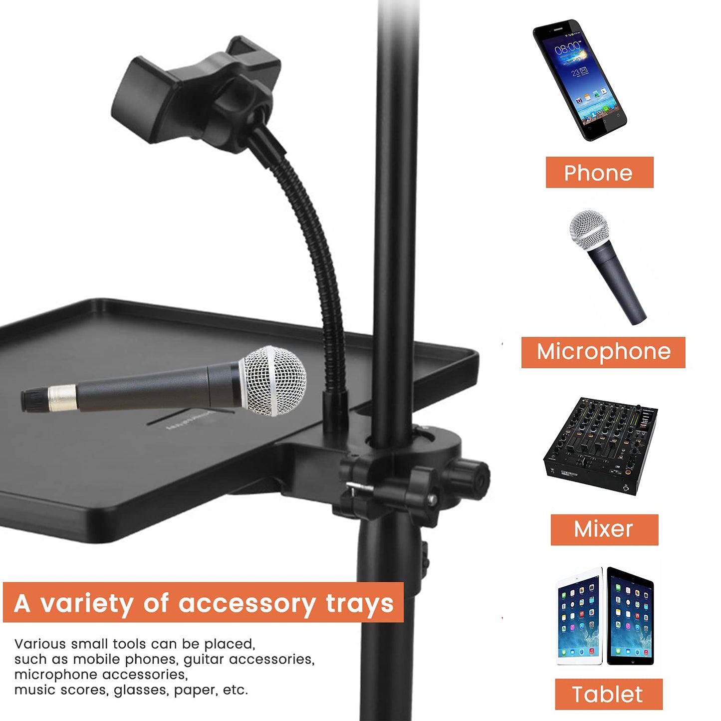 Phone holder Microphone Stand Tray, Clamp-On Rack Tray,Cell Phone Stand for Music Sheet,Compatible with Most Microphones Stands for Live
