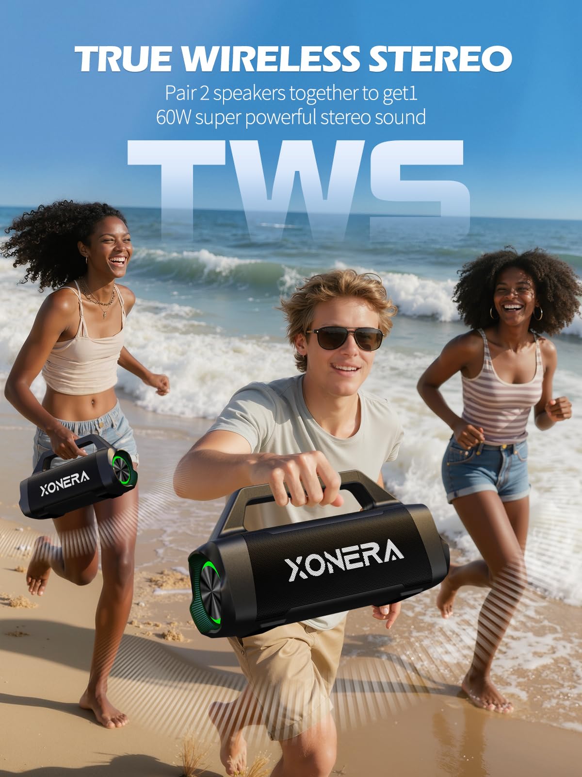 Xonera Speakers Bluetooth Wireless, 80W Peak Loud Outdoor Speaker with Bass, 20H Playtime, IPX6 Waterproof, TWS?BT5.3, Portable for Camping Hiking
