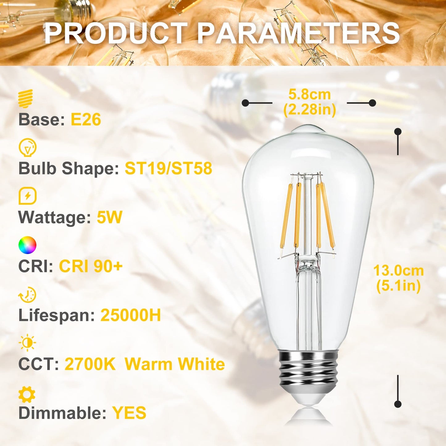 Talltreepho Vintage LED Edison Bulb 50W Equivalent, 550 Lumen Soft White 5W Antique LED Bulbs, ST58 Dimmable Edison Light Bulb, 2700 Kelvin Warm White