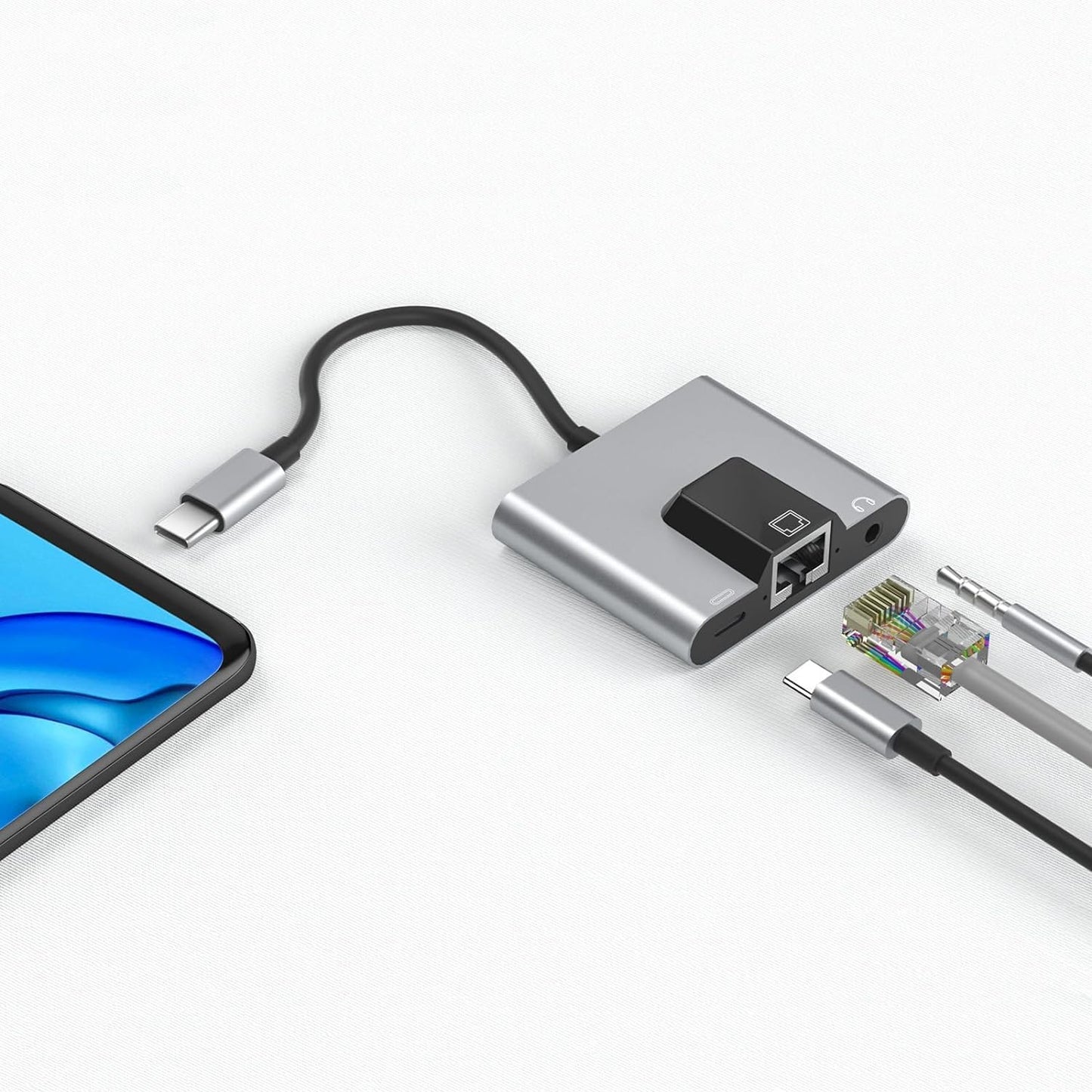 USB to Ethernet Adapter, Type-C to Ethernet USB C to 3.5mm Audio PD Fast Charging LAN Network Adapter Compatible with Laptop Tablet Phone