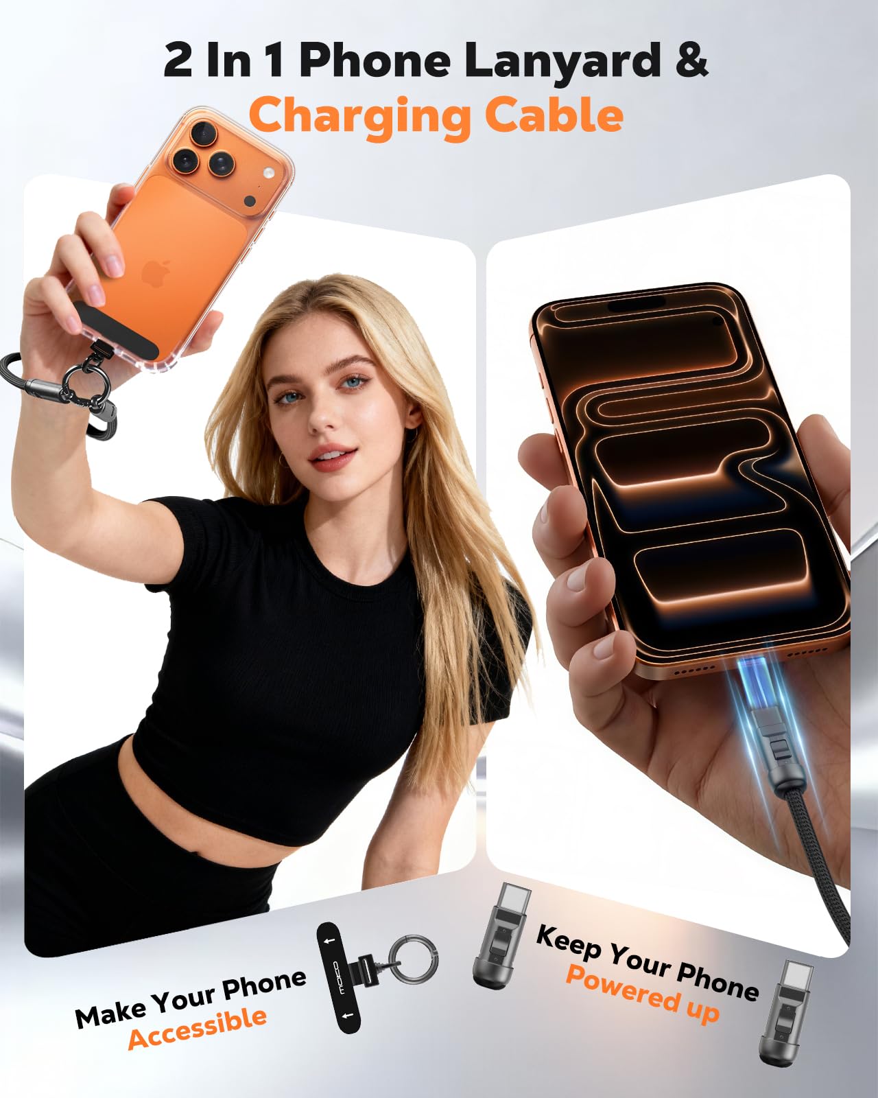 MoKo 2-in-1 Phone Wrist Lanyard USB C Cable, PD240W USB-C to USB-C Type-C Fast Charging Cable, Anti Theft Phone Strap with Metal 360° Tether Tab