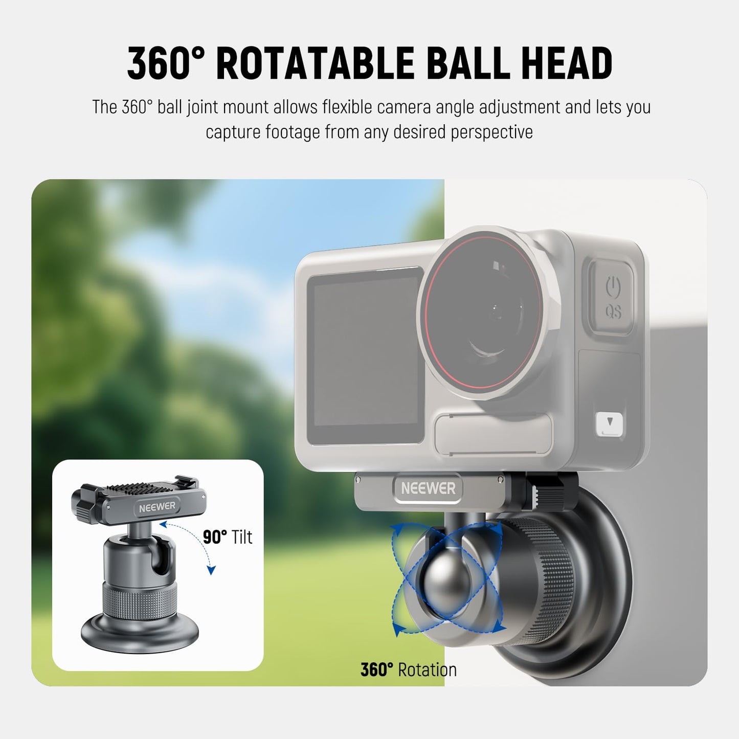 NEEWER Magnetic Camera Mount Compatible with DJI Osmo 360 / Action 5 Pro/4/3, 360° Quick Release Ball Head Adapter Mount 1/4" Thread for POV Shots