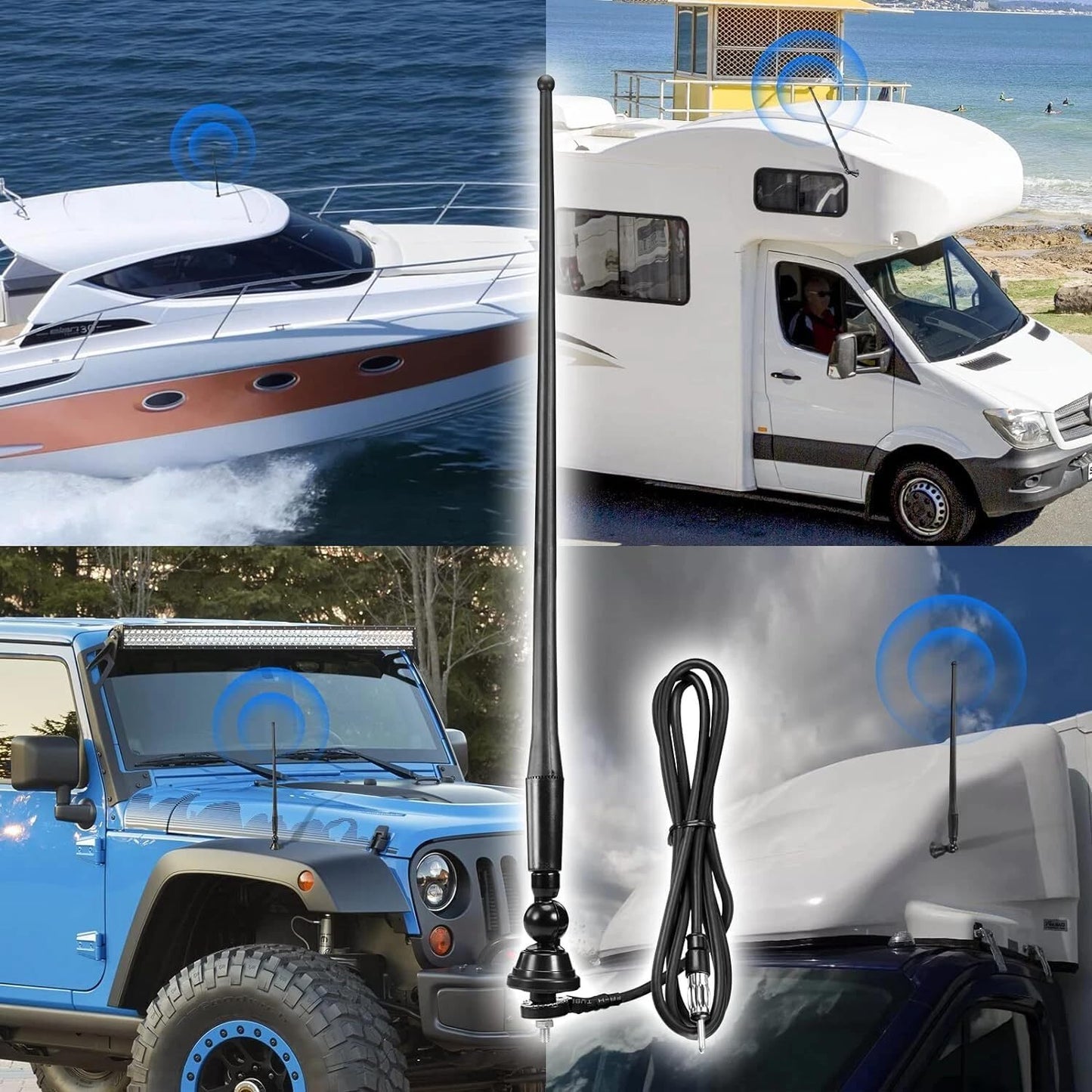 Marine Boat Radio Antenna Waterproof 16 Inch, Rubber Duck Dipole Flexible Mast FM AM Antenna for Boat Radio Car ATV UTV RZR SPA