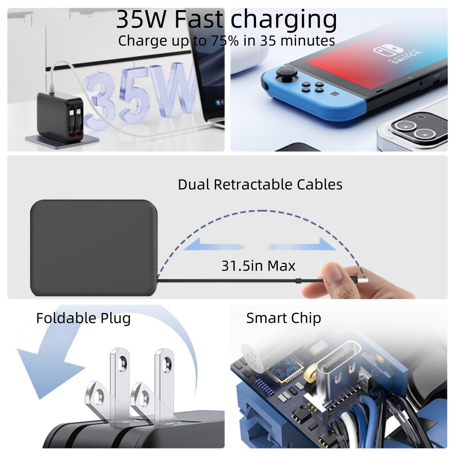 Retractable Wall Charger with Dual Cables,3 in 1 PD 62W USB C Fast Charging with Foldable Plug for iPhone 16/15/14/13/12/11 Series, Pad, LG, Samsung