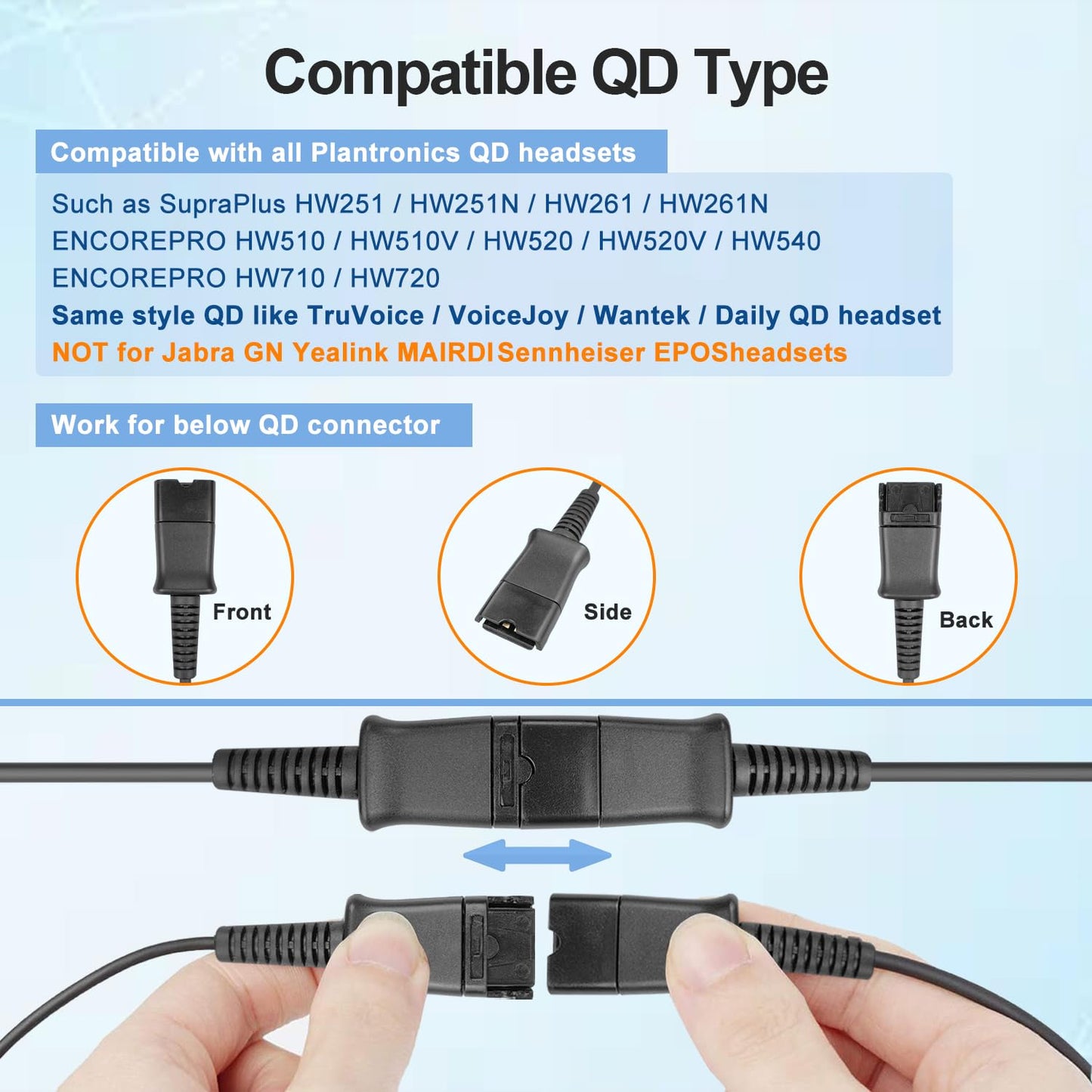 QD Headset U10P RJ9 Adapter Cable for Plantronics QD (Quick Disconnect) Wired to RJ9 Headset Cord Compatible with Polycom VVX Avaya Plantronics