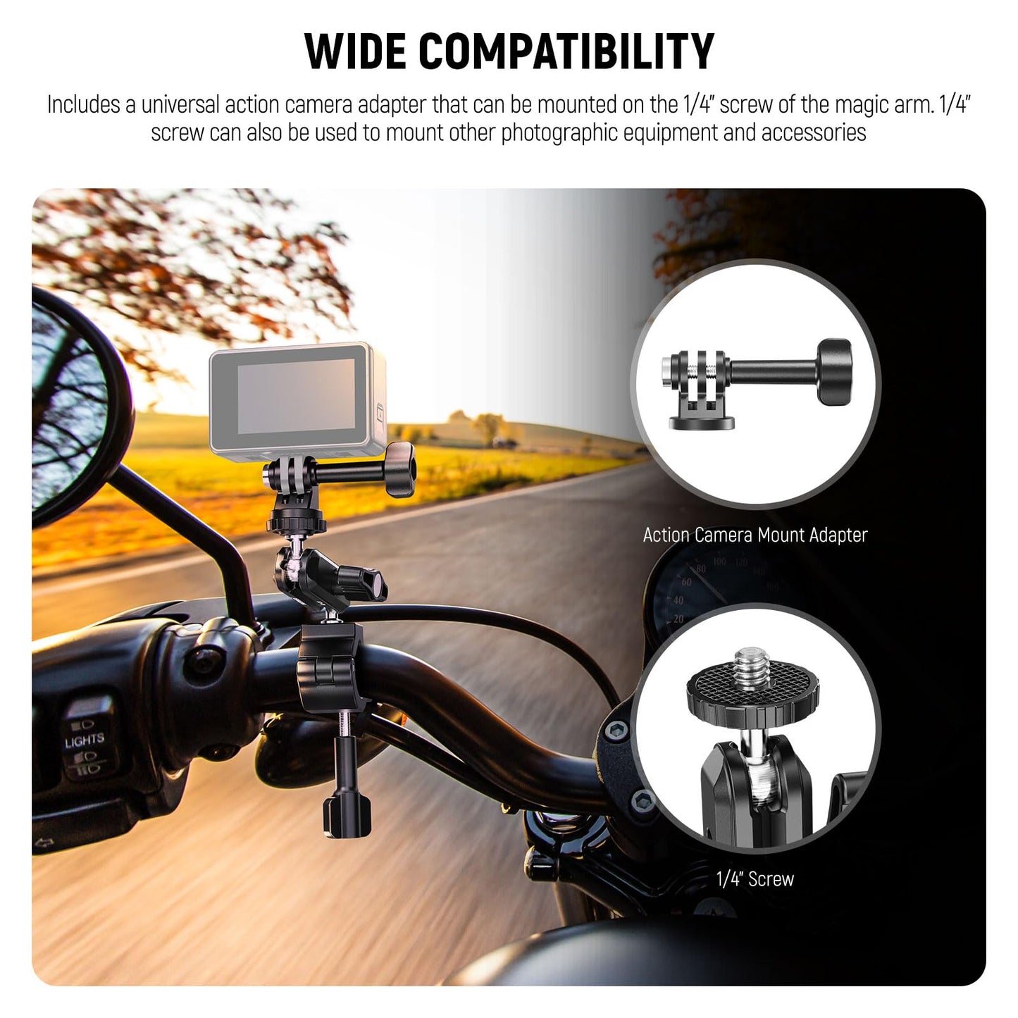 Neewer Action Camera Pole Mount with Two 360° Ball Heads 1/4" Screw Action Camera Adapter, Holder Clamp for Motorcycle Bike Handlebar, Compatible