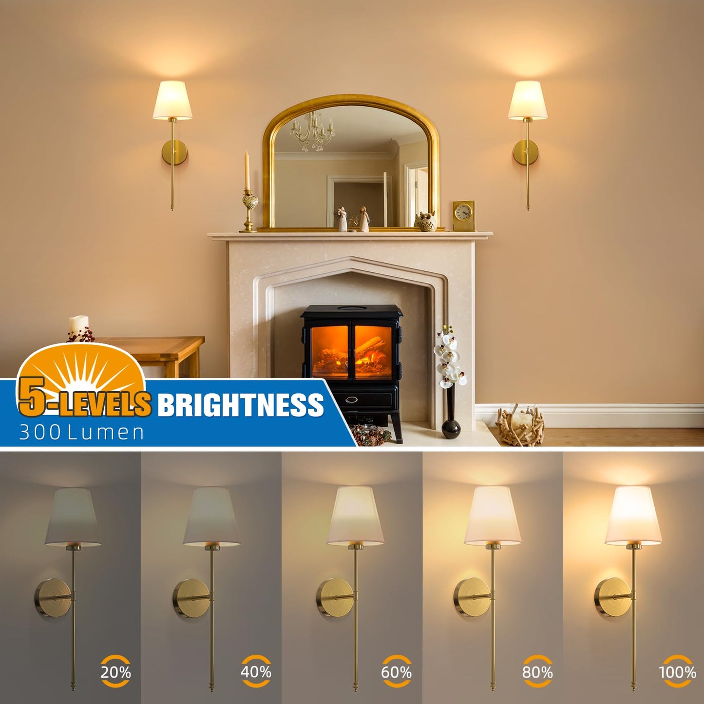 NIORSUN Battery Operated Wall Sconce Set of 2,Gold Rechargeable Wall Lights with 10400mAh Dimmable Bulbs and Remote,10 Colors Wireless Wall Lamps