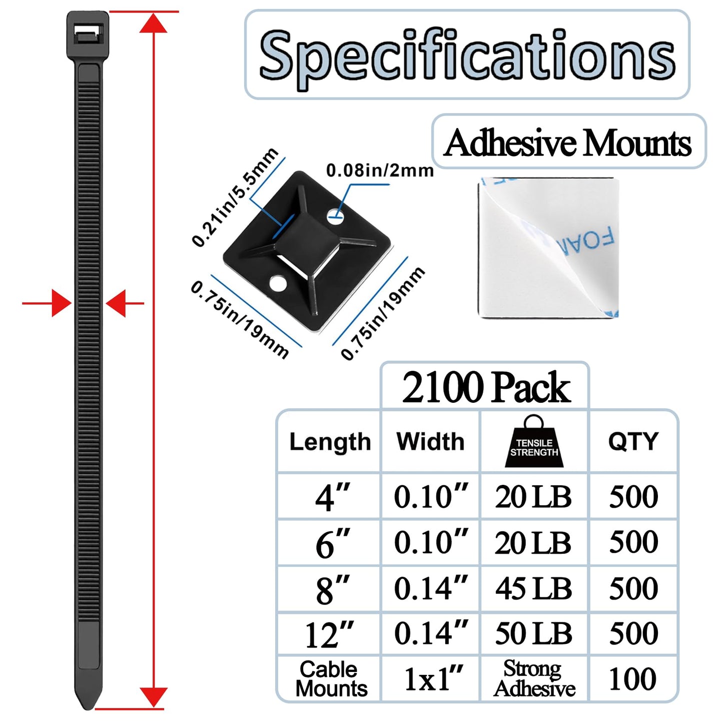 Zip Wire Ties 2100 Pack Small Cable Zip Ties with Cable Mounts Nylon Zip Cable Ties Assorted Sizes 4+6+8+12 Inch, Self-Locking Tie Wraps, UV Resistant