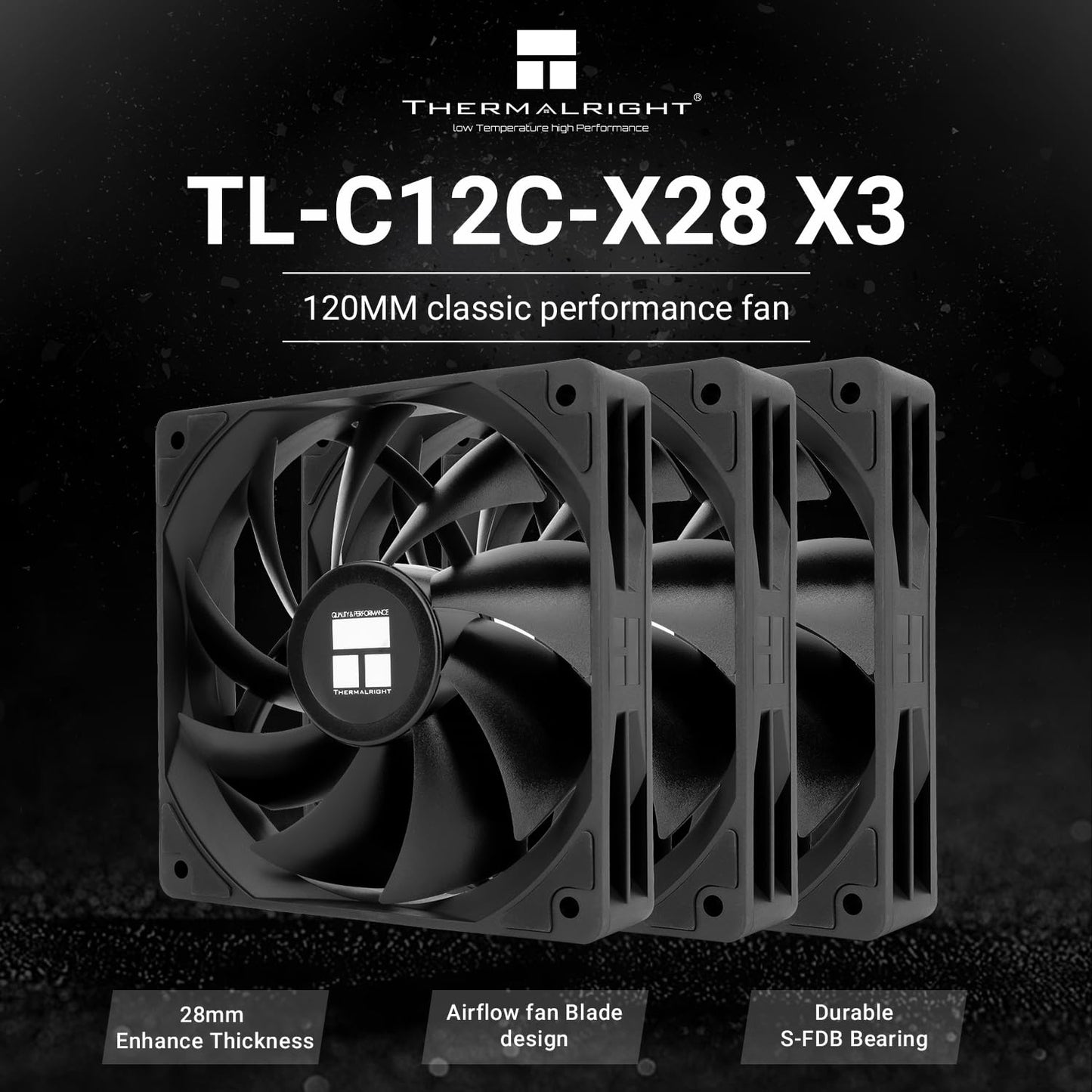 Thermalright TL-C12C-X28 X3 CPU Fan,Black Cooling Fan, PC Fan with 1550RPM Speed,120mm Computer Case Cooler Fan,PWM Control Fan for Case and Liquid