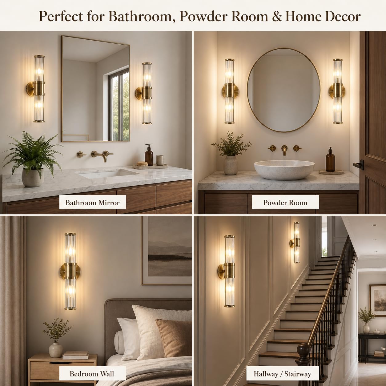 JOOSENLUX Bathroom Vanity Lights Set of 2, Antique Bronze Wall Sconces with Clear Glass Rods, E12 Base Lights for Mirror Powder Room