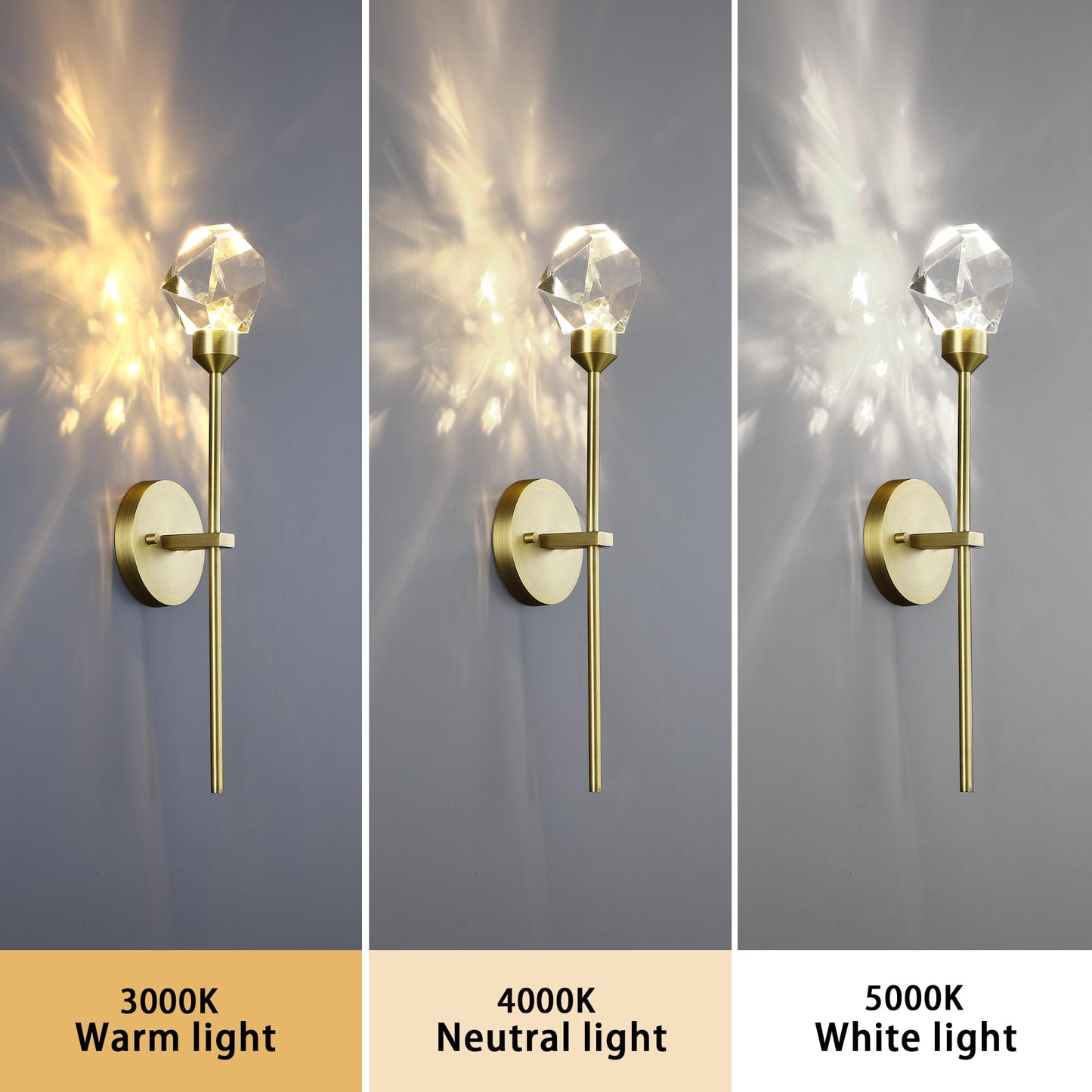 Untrammelife Indoor Crystal Wall Sconce, Brushed Brass Gold Hardwired Wall Light Fixture 3 Color Temperature 3000K-4000K-5000K 8W Dimmable LED Modern