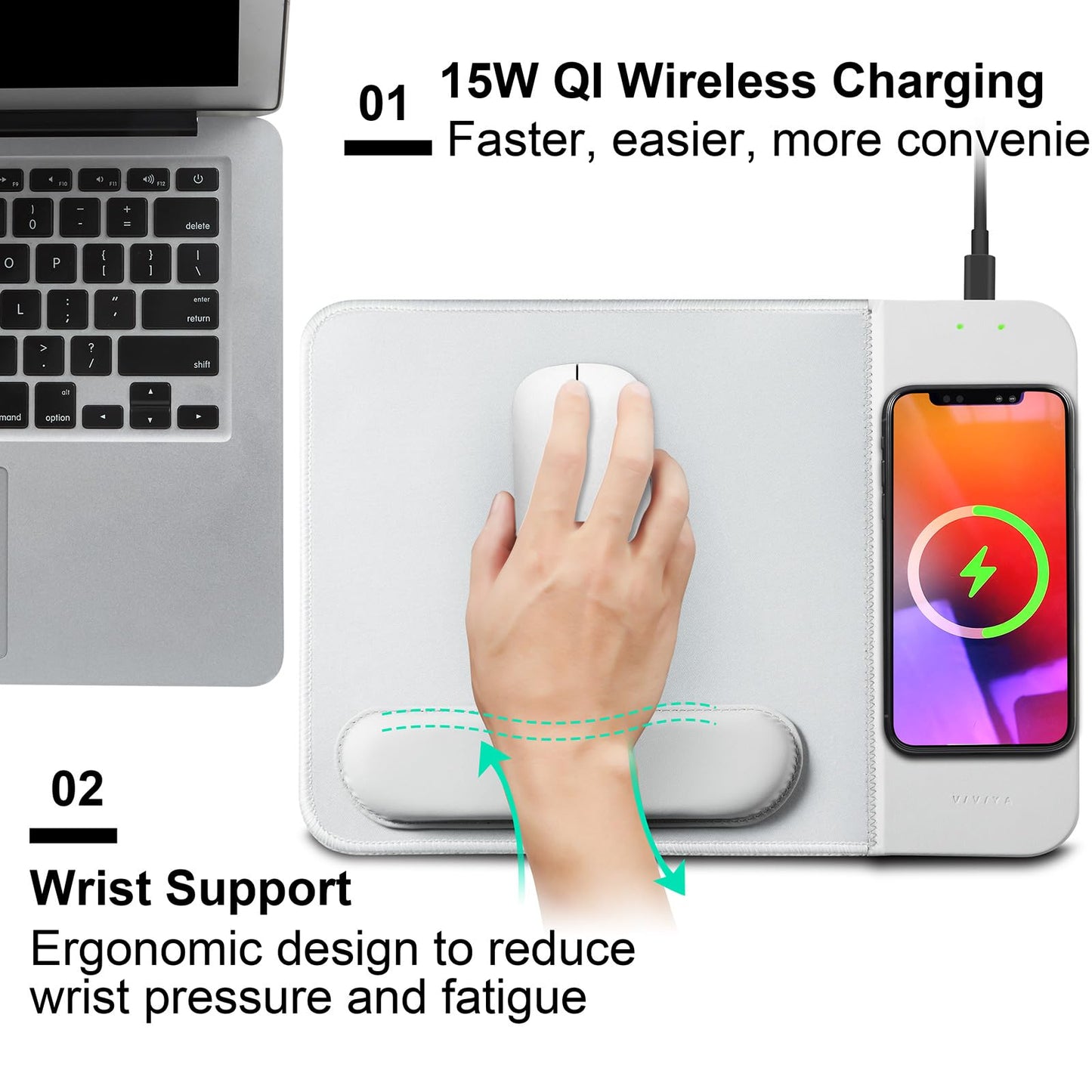 VIVIYA 15W Wireless Charging Mouse Pad with Detachable Wrist Support and 20W Power Adapter, Fast QI Wireless Phone Charger Mouse Mat for iPhone 16/15