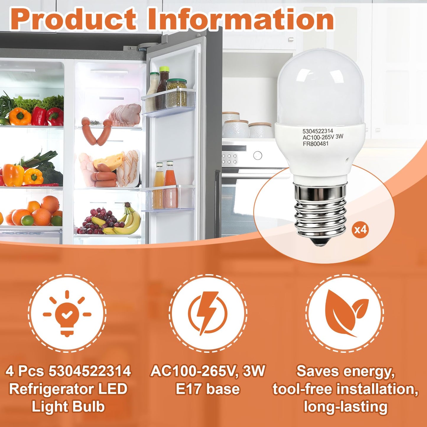 UJHUHIJ 4 Pcs 5304522314 Refrigerator LED Light Bulb, 3W E17 Base, Compatible for Frigidaire/Electrolux, Replacement for KEI D28X & KEL 2816X, Cool
