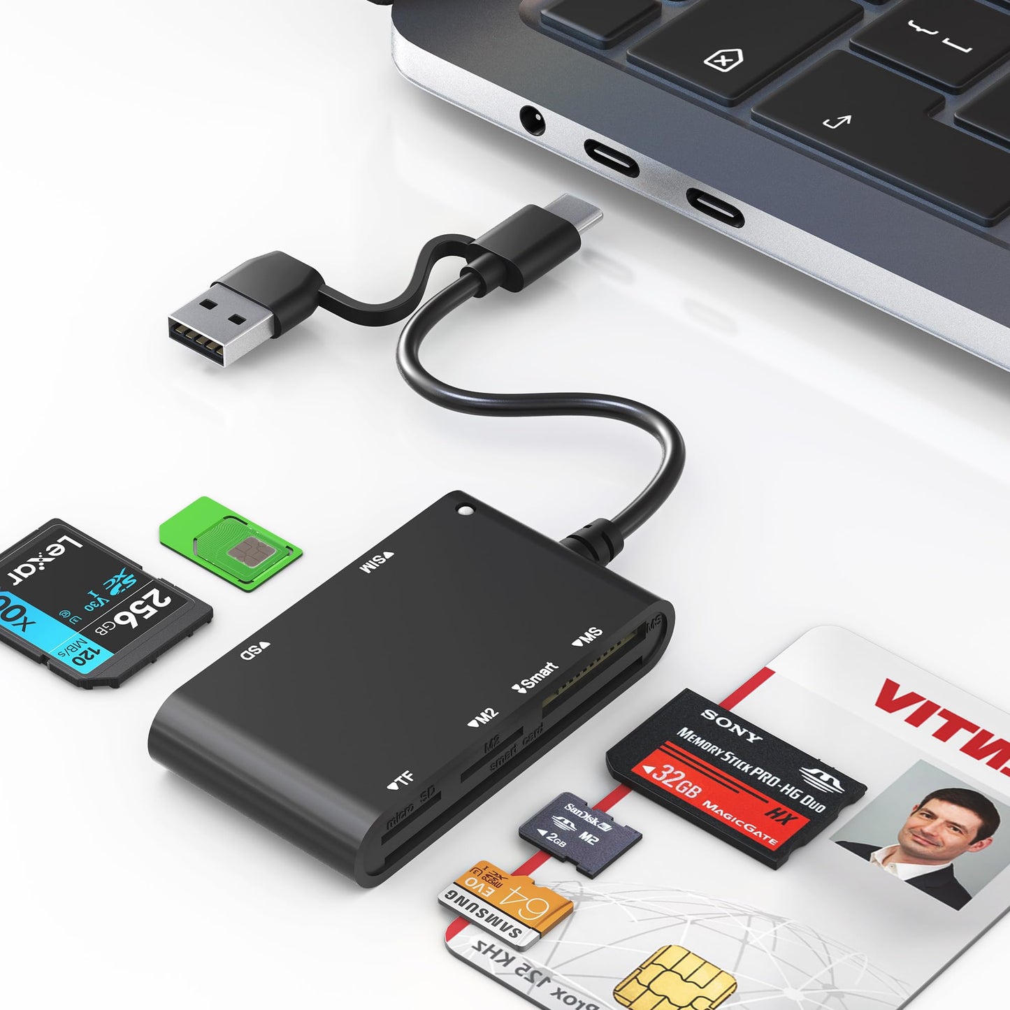 USB C/A Smart Card Reader and Memory Card Adapter 7 in 2 CAC Reader- Military CAC, SIM, SD/TF/MS Pro Duo/M2/IC/PIV Card Reader for Windows/Mac/Linux