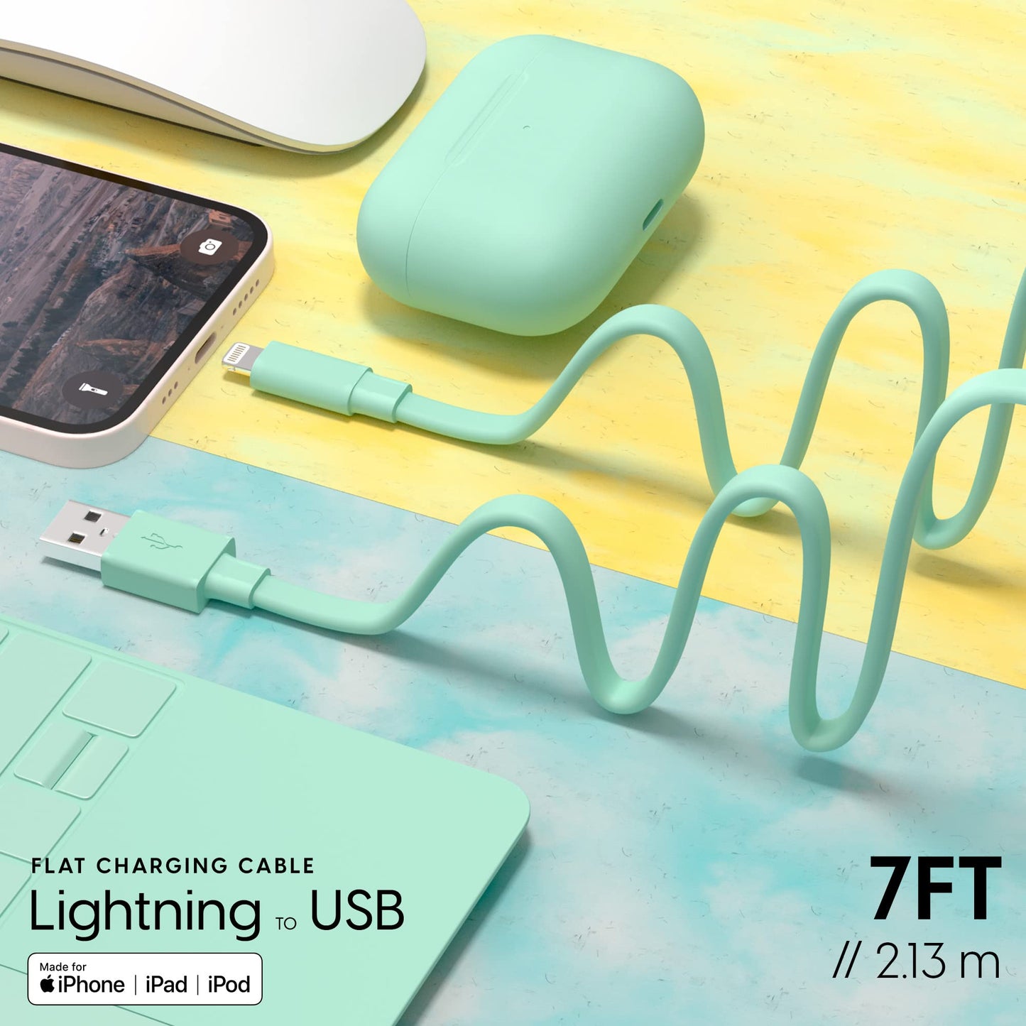 TalkWorks Flat Lightning Charging Cable - Compatible with iPhone 14/13/12/11/XR/XS/8/7/6/5 - 7' Mint Green Charger Cord