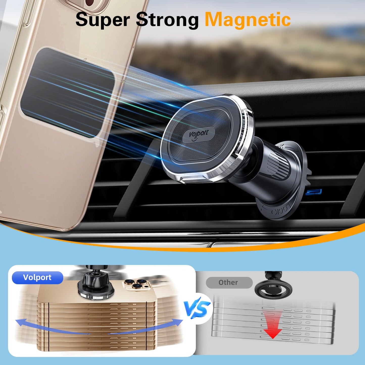 Magnetic Car Mount Air Vent Cell Phone Holder, Universal Vehicle Dash Dashboard Ac Airvent Cellphone Magic Stand with Clip Hook, for iPhone 16 15