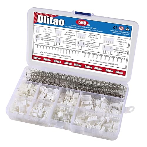 Diitao 560PCS for JST Connector Kit for JST-XHP 2/3/4/5 Pin Housing Female and Male Connector Plug, Adapter Cable Connector 2.54mm Male Female Pin