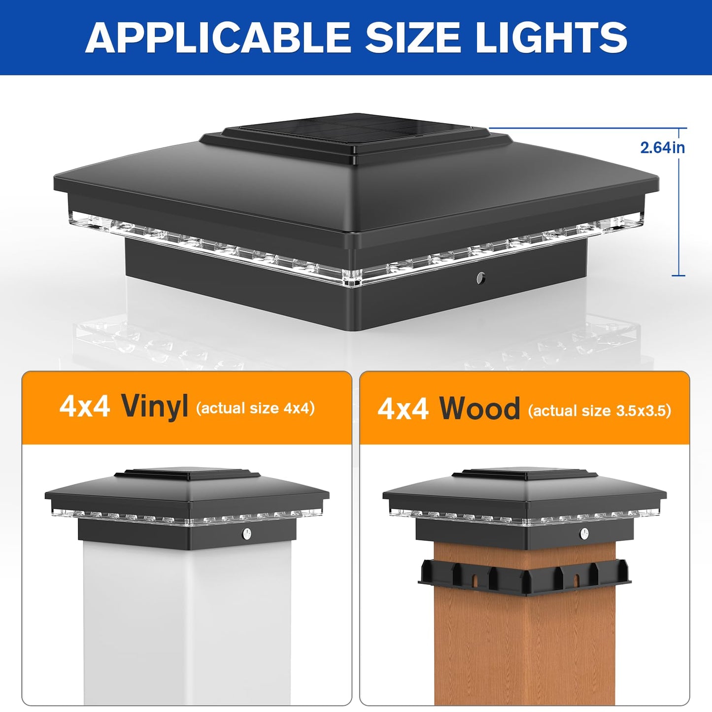 APONUO 4x4 Solar Post Cap Lights 6 Pack - IP65 Waterproof, 24 LED Warm White Solar Lights for 4x4 Wood/Vinyl Fence, Deck, Patio & Yard (Auto On/Off