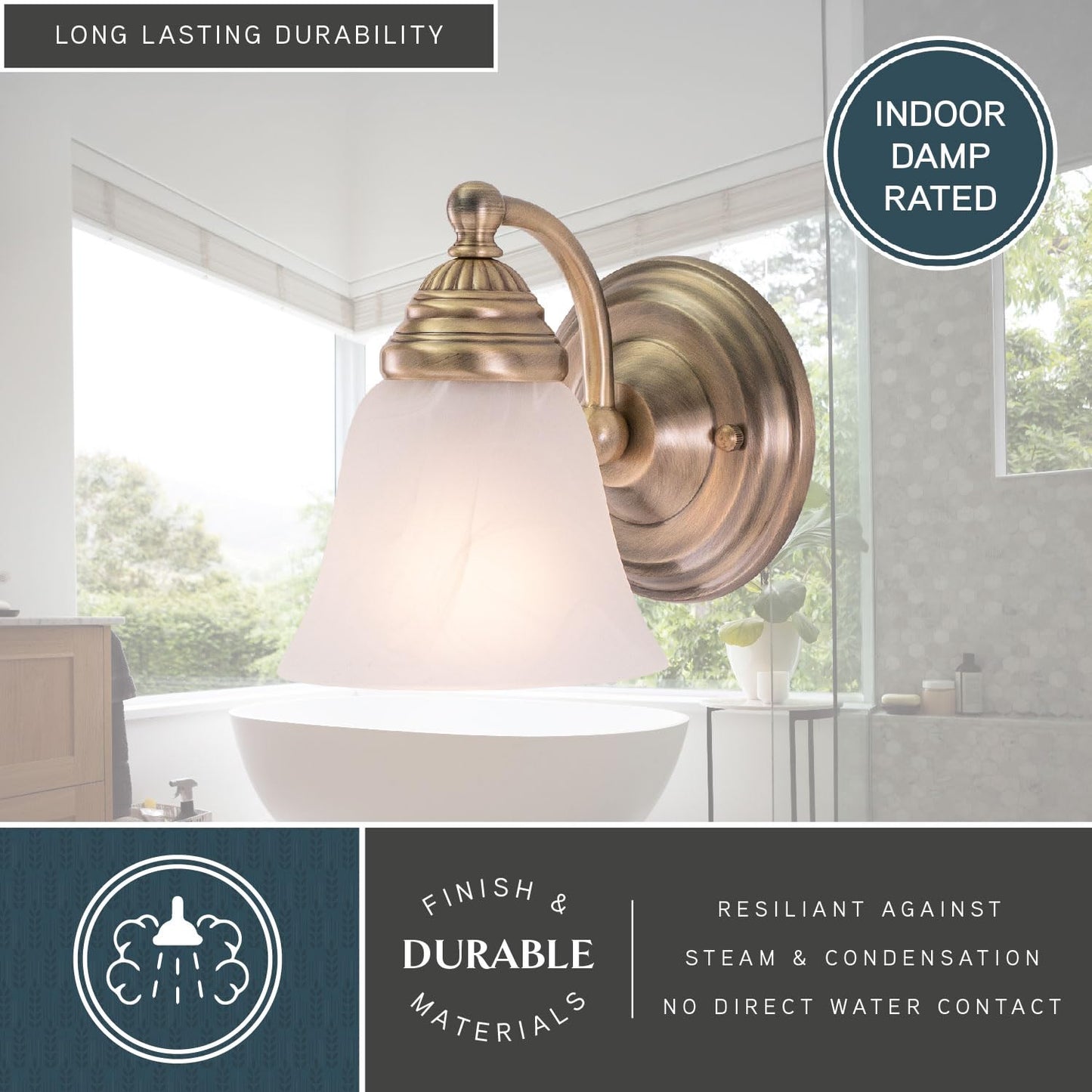 VAXCEL Standford 1-Light 5.25 inch Wide Antique Brass Gold Traditional Bathroom Vanity Lighting Fixture, White Alabaster Glass Shade, Dimmable, LED