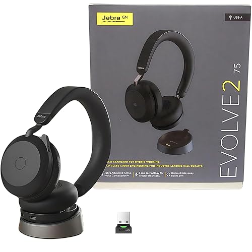Jabra Evolve2 75 Wireless Headset Stereo UC w/Charging Headset Stand, USB Dongle, Compatible w/Zoom, RingCentral, Smartphones, Tablets, PC/MAC…
