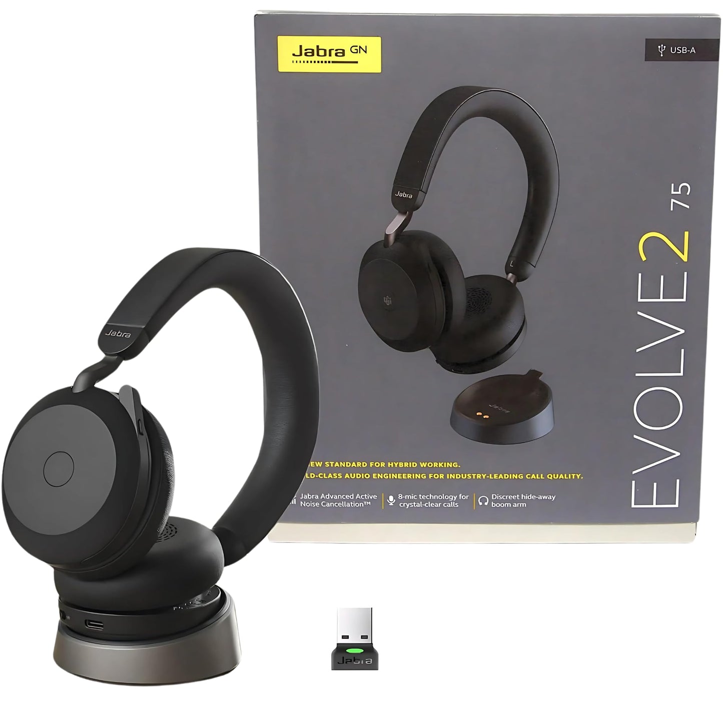 Jabra Evolve2 75 Wireless Headset Stereo UC w/Charging Headset Stand, USB Dongle, Compatible w/Zoom, RingCentral, Smartphones, Tablets, PC/MAC…