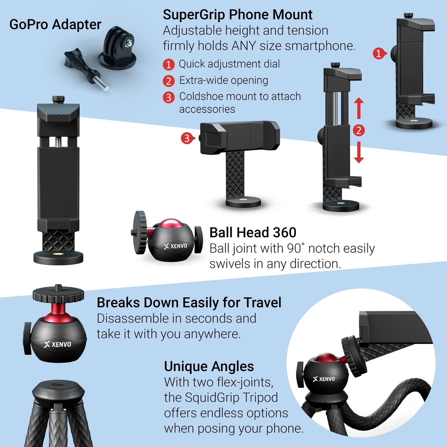 Xenvo SquidGrip Flexible Cell Phone Tripod and Portable Action Camera Holder - Compatible with iPhone, GoPro, Android, Samsung, Google Pixel and All