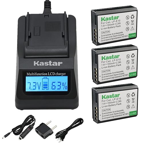 Kastar Ultra Fast Charger(3X Faster) Kit and Battery (3-Pack) for Canon LP-E10, LC-E10 Work with Canon EOS Rebel T5, EOS Rebel T3, EOS Kiss X50, EOS