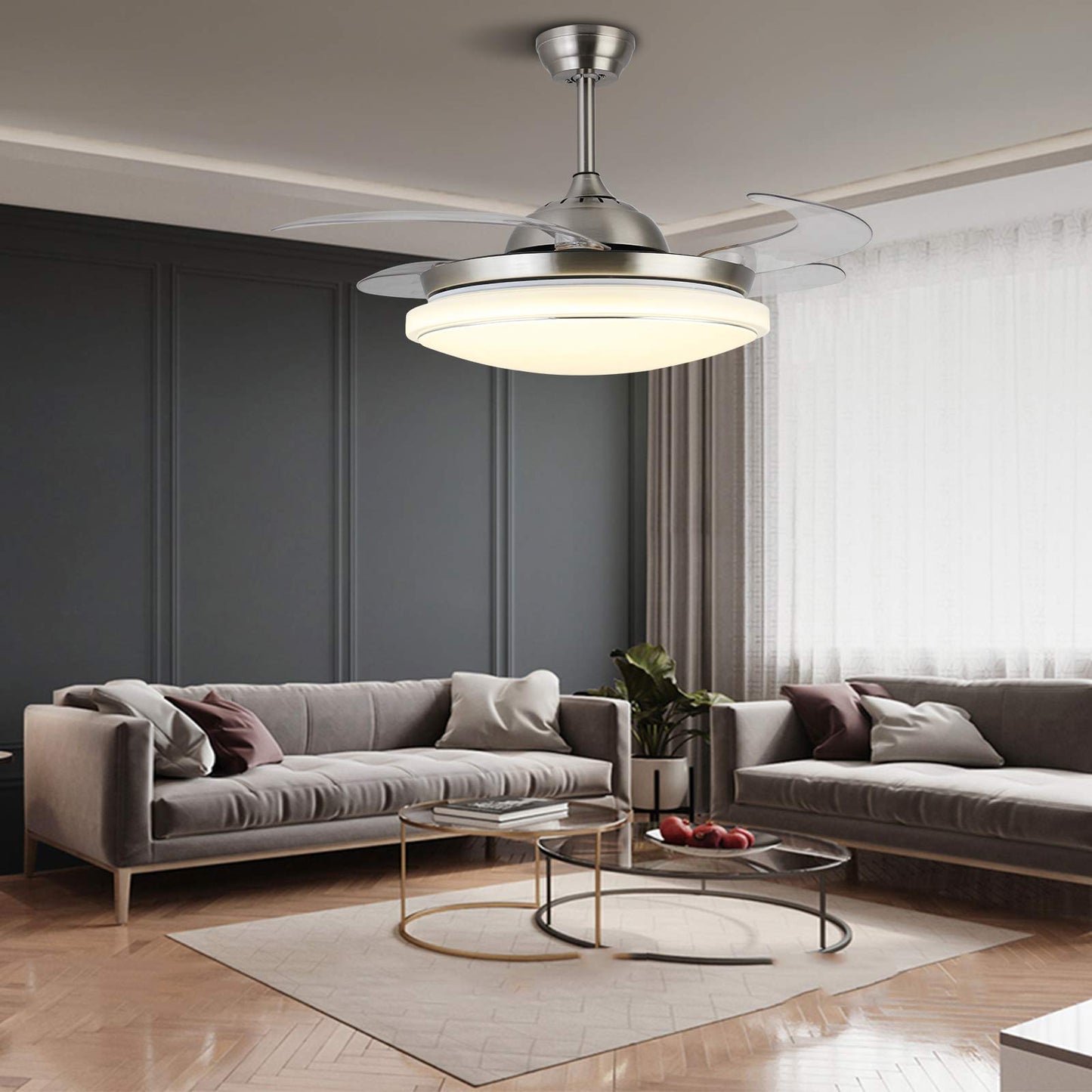 42" Invisible Ceiling Fan Light, Modern Fan Chandelier with LED Light Remote Control, 3 color changes, 4 Invisible Clear ABS Blades Livingroom
